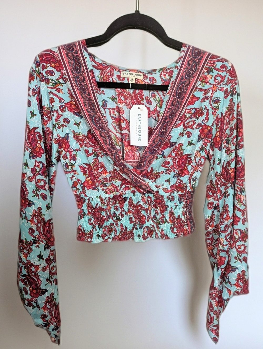 NWT Earthbound Floral Wrap Crop Top 70s Inspired Bell Sleeve